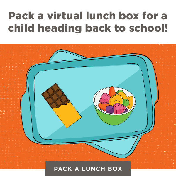 Gif of open lunch box with different snacks: Pack a virtual lunch box for a child heading back to school!